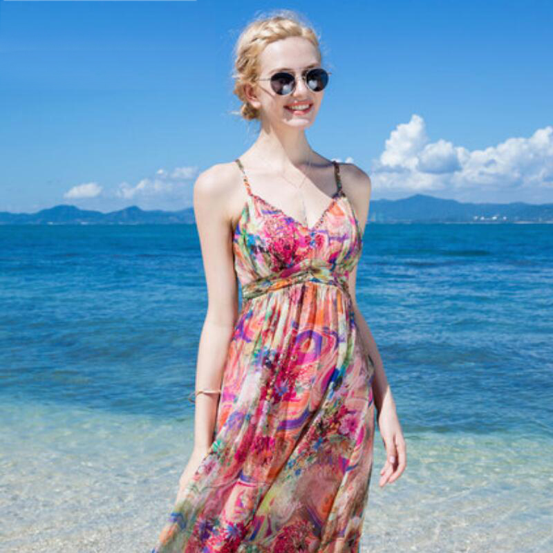 Women 100 Silk dress Beach dress 100% Natural Silk Pink Print dress Strapless Holiday summer dresses